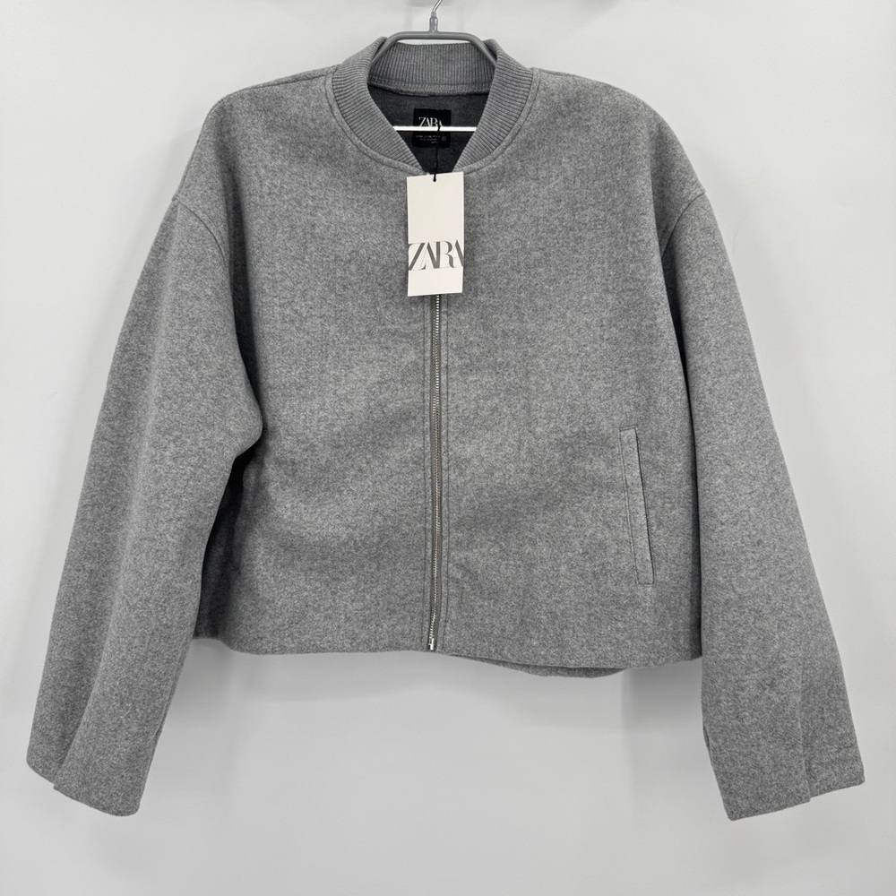 Zara Women's Heather Grey Full Zip Bomber Jacket size XL Felted Long Sleeve